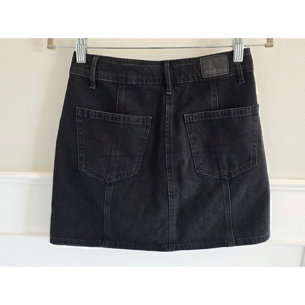 American Eagle Black Denim Button Front Mini‎ Skirt High Waisted Size 00 Regular